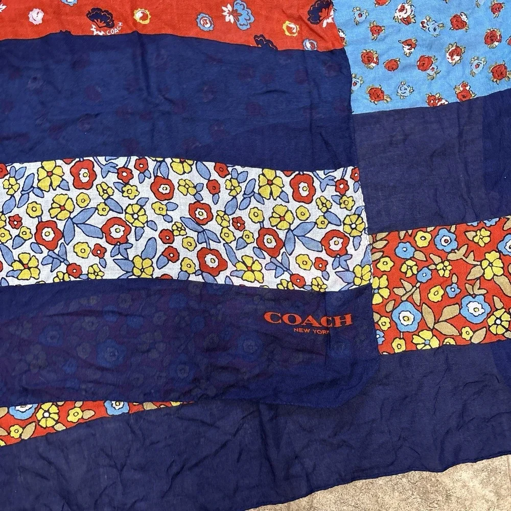 Coach New York Long Floral Patchwork Oversized Scarf Navy Red Boho Americana